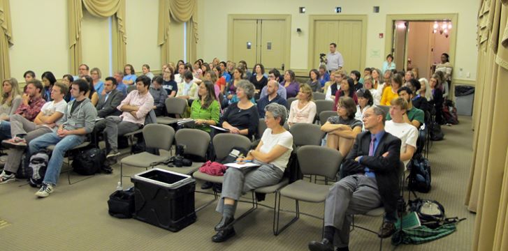 Approximately 50 people sit in rows in The University Room of Hyde Hall, IAH, to hear Rochelle Gutiérrez's talk Oct. 3, 2011.